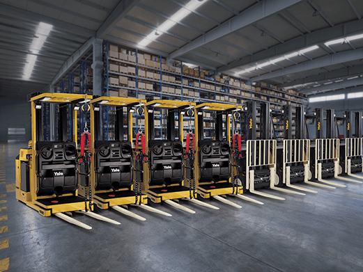 Row of multiple Lift Trucks in warehouse